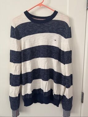 Tommy Hilfiger Navy and White Striped Crewneck Sweater